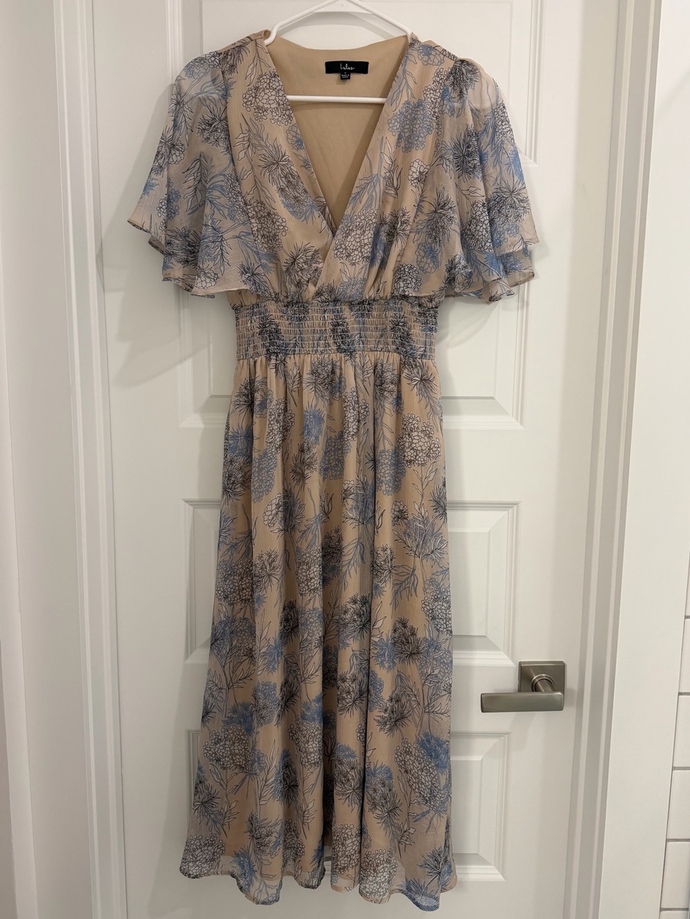 Lulus Beige Floral Midi Dress with Smocked Waist